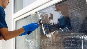 A professional window cleaner removing grime and hardwater from a window.